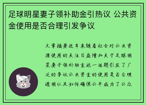 足球明星妻子领补助金引热议 公共资金使用是否合理引发争议